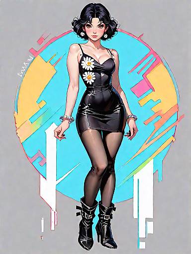 Stylish Woman in Black Mini Dress with Daisy Prints