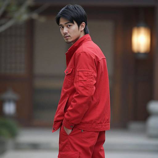 Photograph of an East Asian man with black hair, wearing a bright red jacket and pants, standing sideways outdoors, looking over his shoulder, with a