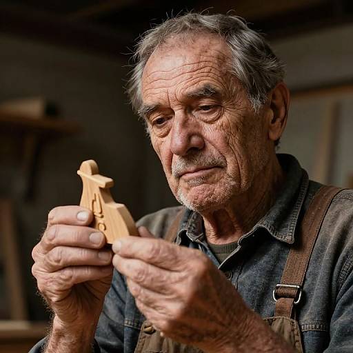Photograph of an elderly man with grey hair and beard, intently carving a wooden figurine in a dimly lit workshop.