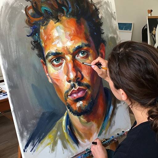 Photograph of an artist with dark hair painting a hyper-realistic portrait of a man with curly hair, intense eyes, and mixed colors on a canvas