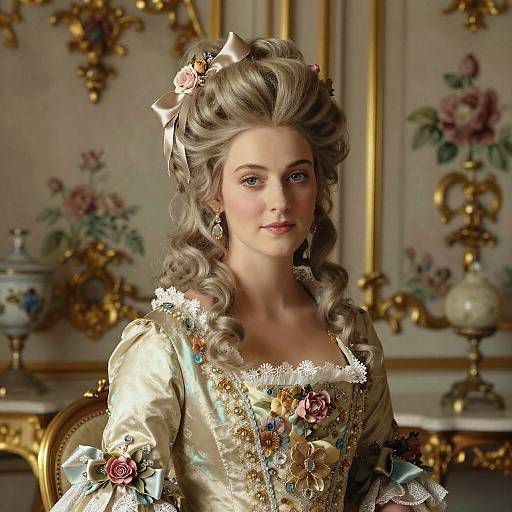 Photorealistic digital portrait of a regal, fair-skinned woman with elaborate, 18th-century-style gray curls, wearing an ornate,