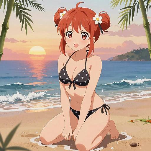 Cute Anime Girl at Sunset Beach