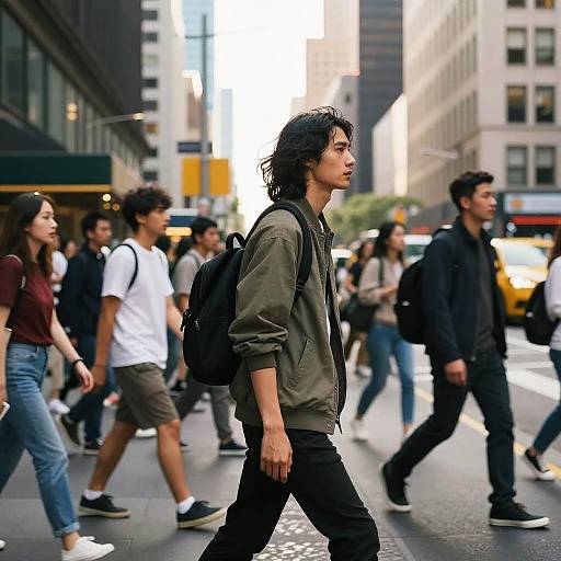 Photograph of diverse urban pedestrians crossing a busy city street; central Asian male with messy black hair, green jacket, black pants, and backpack, surrounded