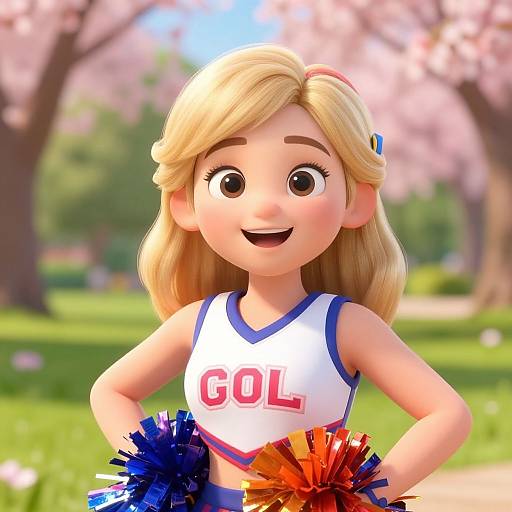 CGI image of a cheerful blonde cheerleader with large eyes, wearing a white 