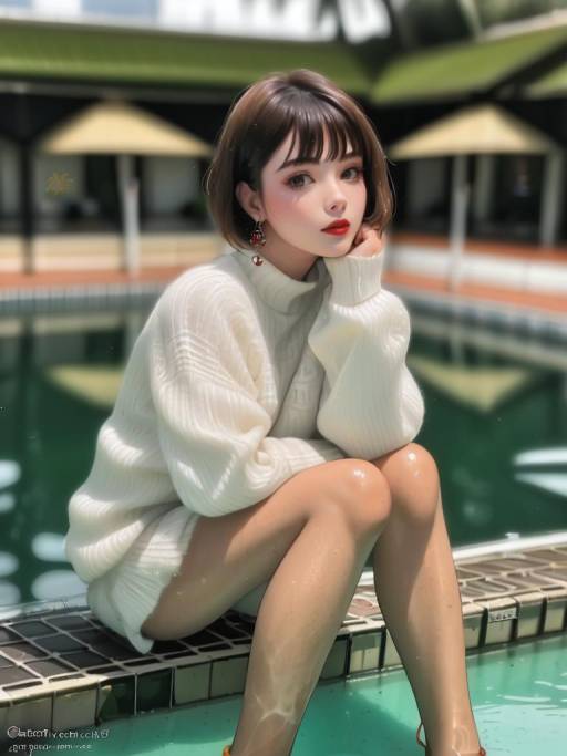 Young Woman in White Sweater by Pool