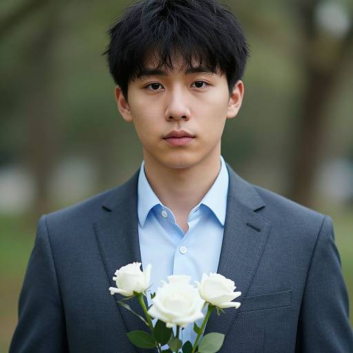 Young Asian man in dark gray suit holding white roses, standing in a blurred green park, serious expression, photograph.