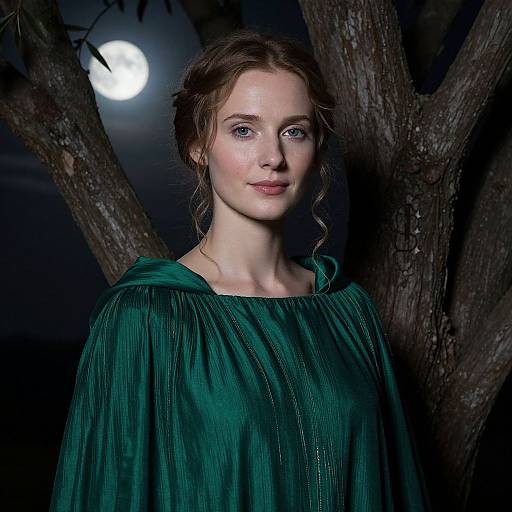 Photograph of a young woman with fair skin and blue eyes, wearing a green, pleated cloak, standing in front of a dark, moonlit
