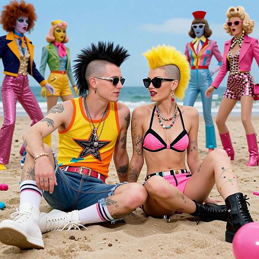 Photograph-style digital image of punk couple with spiky hair, tattoos, and colorful outfits sitting on beach, surrounded by diverse, brightly dressed people.