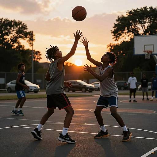 Photograph of two African-American boys with dreadlocks playing basketball at sunset, silhouetted against the orange sky, ball mid-air, wearing sleeve