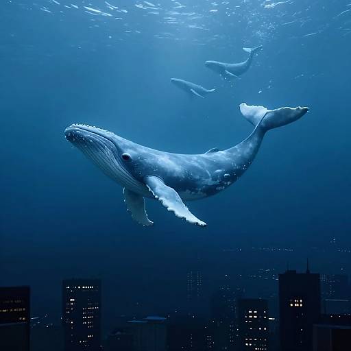 Photograph of a large, blue-tinged whale swimming underwater, surrounded by smaller fish, with a city skyline of dark buildings visible in the background