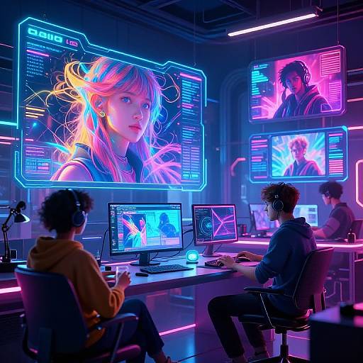 Neon-lit cyber cafe: three people work on glowing screens displaying vibrant, futuristic portraits of a blonde woman and two men in holographic interfaces.