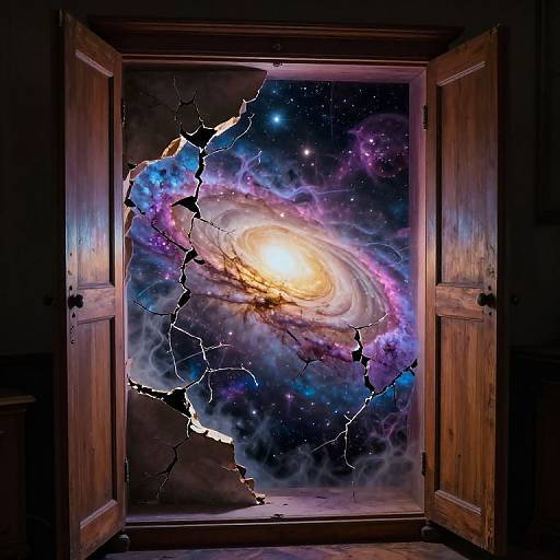 Photograph of a wooden door with a shattered, cosmic galaxy mural displaying vibrant nebulas, stars, and a glowing spiral galaxy.