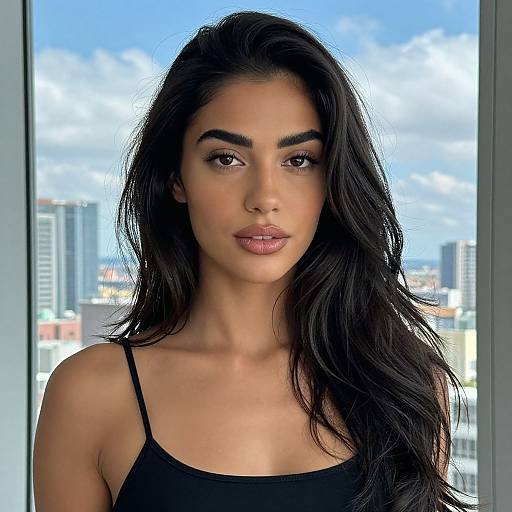 Photograph of a young woman with long, wavy black hair, olive skin, and full lips, wearing a black spaghetti-strap top, standing