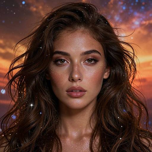 Photorealistic portrait of a beautiful woman with long, wavy brown hair, glowing skin, and starry background at sunset.