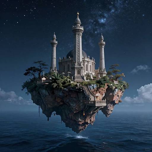 Fantasy digital artwork of a floating, ornate, mosque-like island with three minarets, surrounded by dark blue ocean under a starry night
