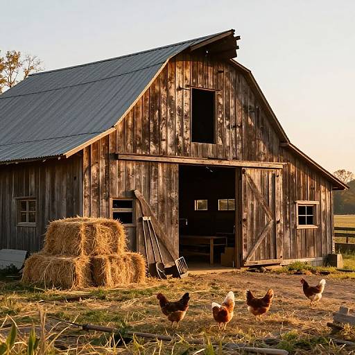 Photograph of rustic wooden barn with weathered texture, metal roof, hay bales, and seven chickens pecking in front yard at sunset.