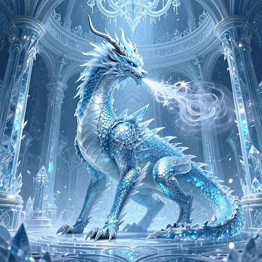Digital art: A majestic, blue-scaled, glowing dragon with icy spikes and breath of ice stands in a grand, crystalline, blue-lit