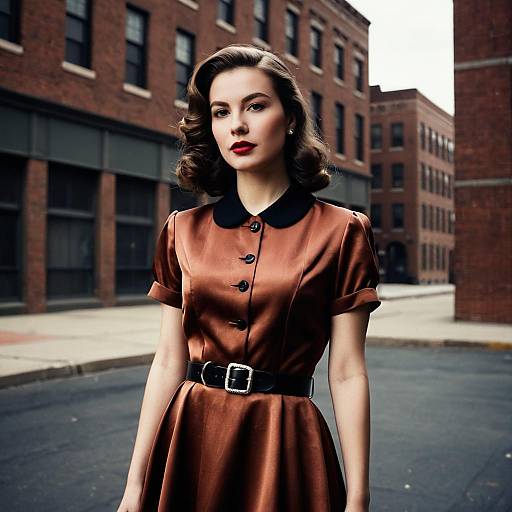 Vintage 1940s Woman in Satin Dress on City Street
