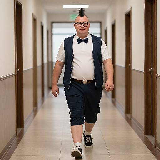 Photograph of a chubby man with a mohawk, glasses, black bow tie, white shirt, navy vest, and pants, walking down a beige