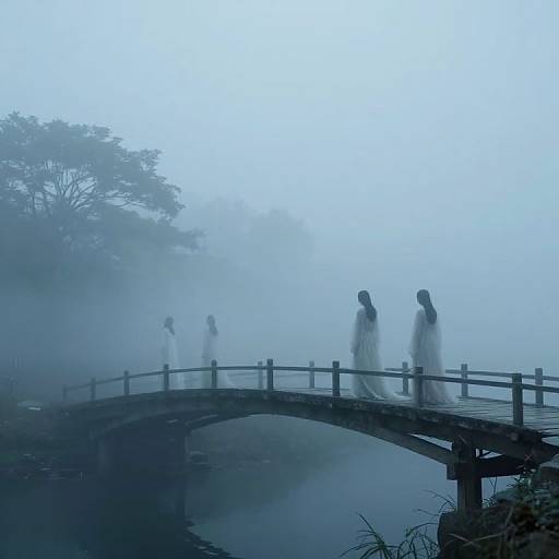 Ethereal Veiled Figures on Misty Bridge
