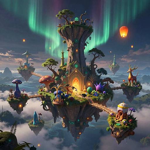Fantastical digital painting of floating islands with whimsical houses, glowing auroras, and vibrant flora, surrounded by clouds and floating lanterns.
