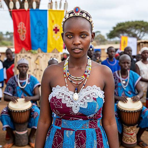 Photograph of a dark-skinned African woman in a colorful, lace-trimmed dress, beaded necklace, and headpiece, standing among drum