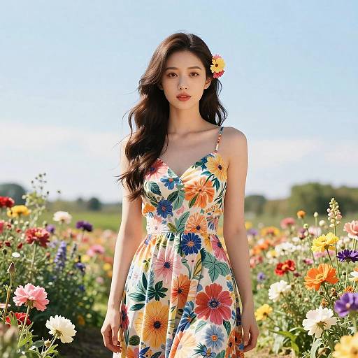 Photograph of an Asian woman with long dark hair, wearing a floral dress, standing in a vibrant, sunny flower field.