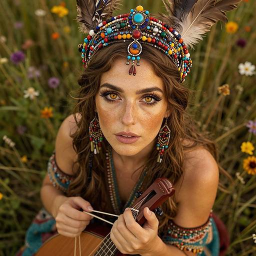 Photograph of a freckled, brown-eyed woman with wavy hair, wearing colorful beaded headpiece, earrings, and arm bands, playing