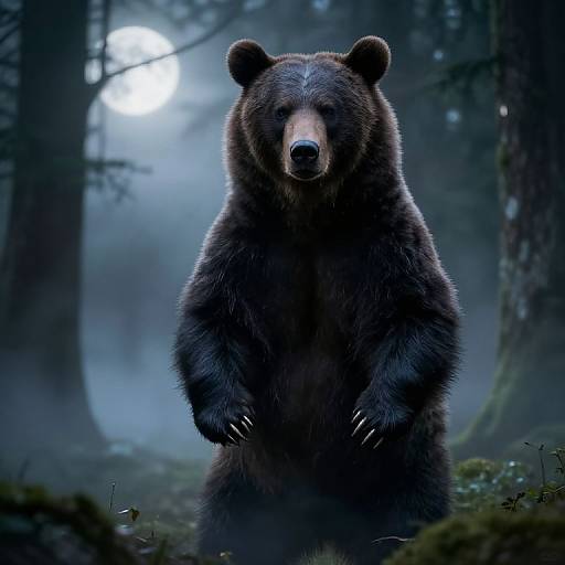 Photorealistic CGI of a large, dark brown bear standing in a misty, moonlit forest, with sharp claws and intense gaze.