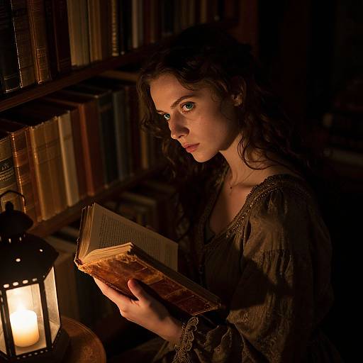 Photograph of a young woman with curly brown hair, wearing a dark, textured blouse, reading a book in a dimly lit, book-filled room