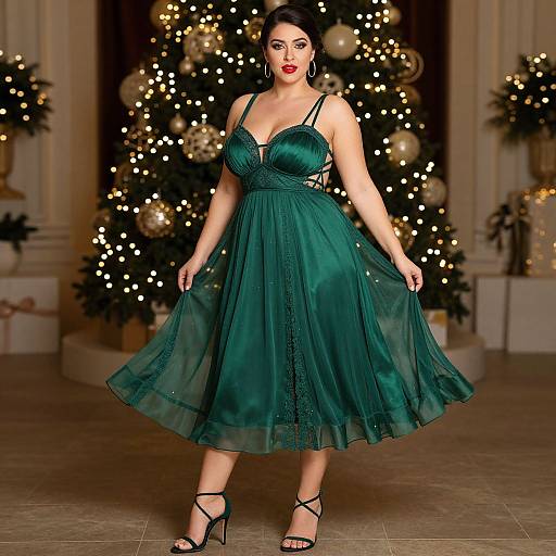 Photograph of a curvy woman with dark hair in a green, lace-trimmed, sleeveless dress, standing before a Christmas tree adorned with