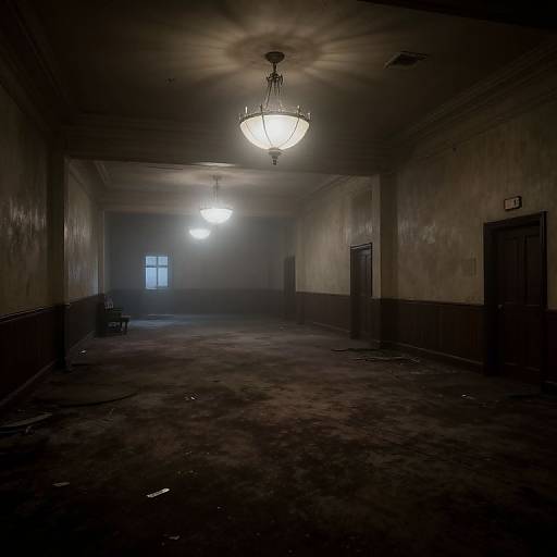 Abandoned, dimly lit room with two glowing chandeliers, peeling dark wallpaper, and a dusty, carpeted floor. Window in the