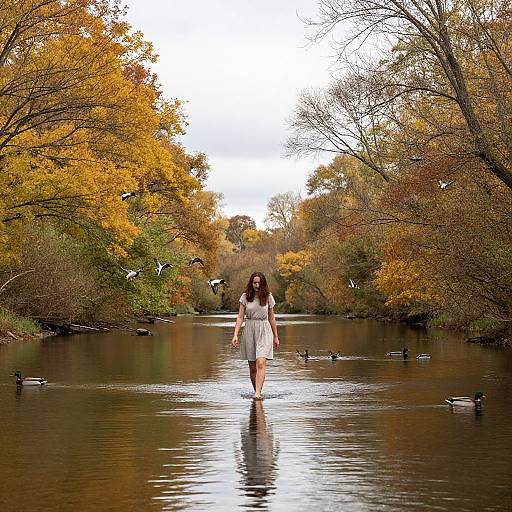 Photograph of a woman in a white dress walking through a floodlit autumn forest pond, surrounded by ducks and birds.