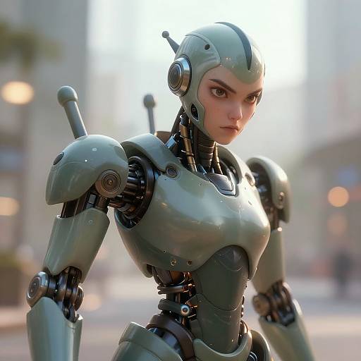 CGI image of a sleek, grey, humanoid robot with metallic joints, futuristic design, and a determined expression in a blurred urban background.