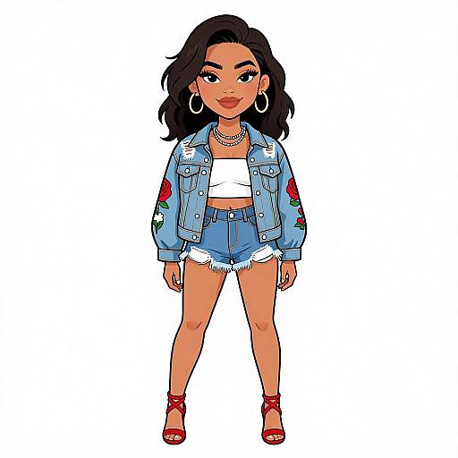 Digital illustration of a confident woman with medium brown skin, black wavy hair, wearing a blue denim jacket, white crop top, high-waisted