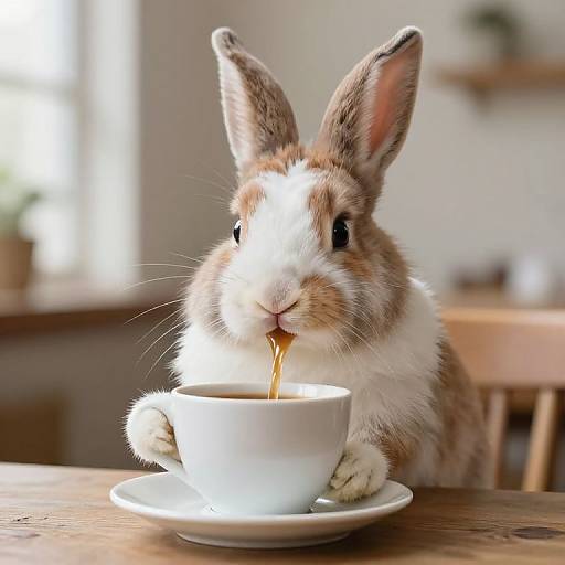 Photograph of a brown and white rabbit with large ears, drinking from a white cup on a wooden table, in a softly lit, blurred kitchen background