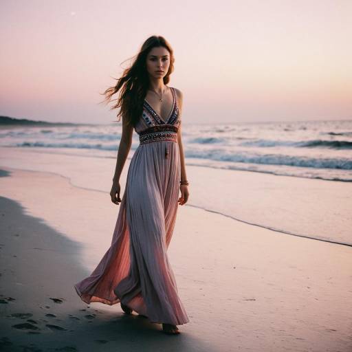 Woman in Boho Maxi Dress Walking on Beach at Sunset
