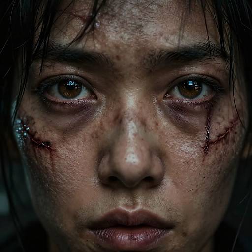 Close-up photograph of a dirty, distressed Asian woman with blood on her face, dark brown eyes, and intense expression. Dark, tangled hair frames her