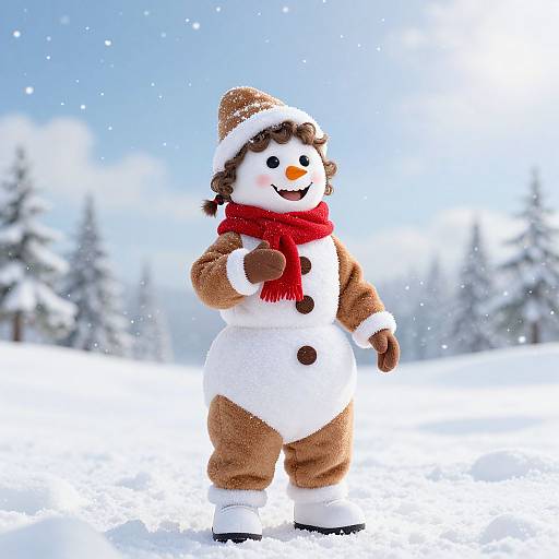 Photograph of a cheerful snowman doll with brown hat, red scarf, and brown coat, standing in a snowy forest, smiling with an orange carrot