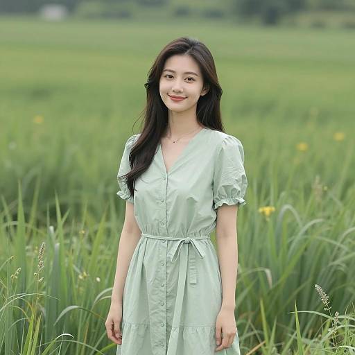 Woman in Light Green Dress in Meadow