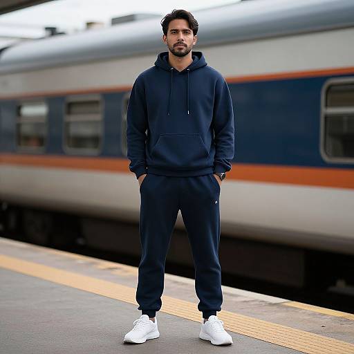Man in Sweat Suit on Train Platform