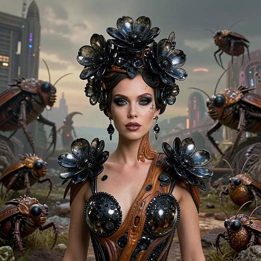 Digital art of a pale-skinned woman with black metallic flower headdress, dark makeup, sequined dress, surrounded by giant insects in a dystopian