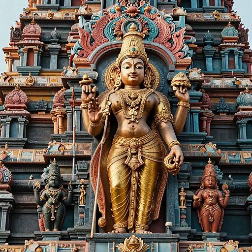 Photograph of a golden statue of a Hindu goddess with four arms, wearing ornate jewelry, standing on a colorful temple facade.