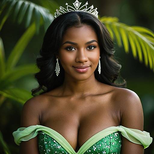 Elegant Dark-Skinned Woman in Green Princess Dress with Tiara