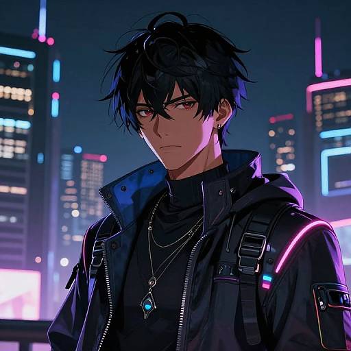 Anime-style digital drawing of a serious, black-haired, red-eyed young man in a neon-lit city, wearing a black jacket with glowing pink accents