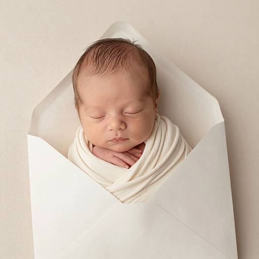 Photograph of a sleeping newborn with closed eyes, wrapped in a white swaddle blanket, against a plain white background.