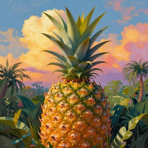 Digital painting of a vibrant, golden pineapple with green leaves against a colorful sunset sky, featuring pink and orange clouds. Palm trees and lush greenery surround