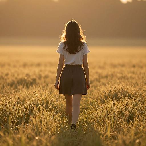 Woman Walking Through Golden Dawn Field