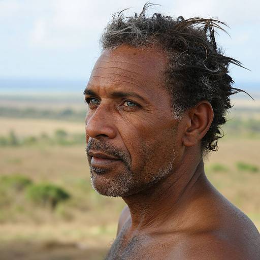Photograph of a rugged, shirtless middle-aged man with dark, curly hair, weathered skin, and a serious expression, set against a blurred