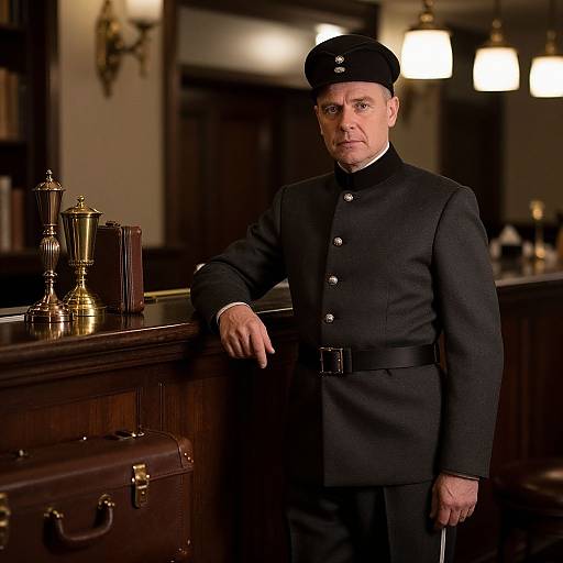 Photograph of a stern-looking middle-aged white male police officer in a black uniform, standing in a dimly lit, wood-paneled office with brass
